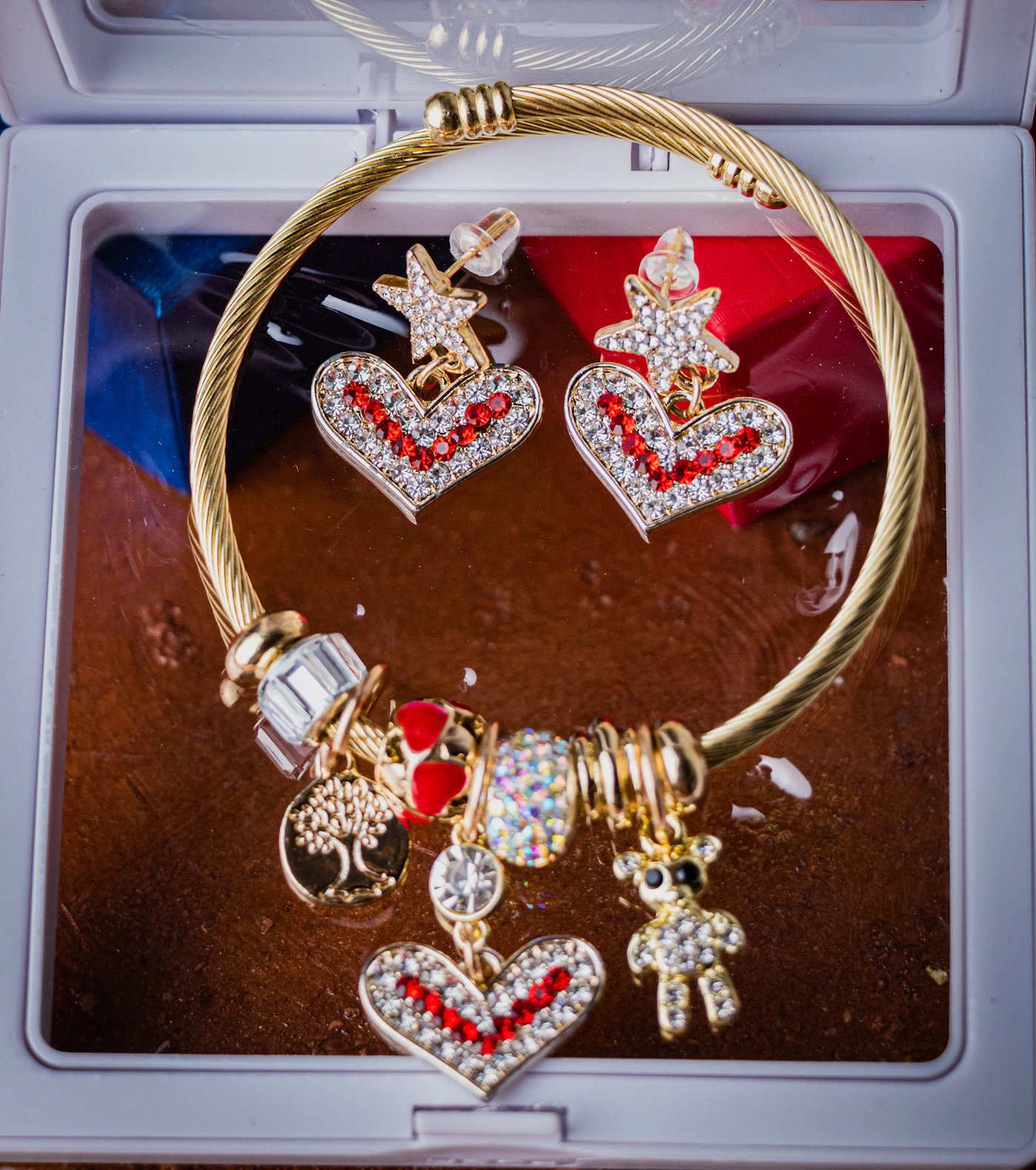 Jewellery arranged in a compartmented storage box